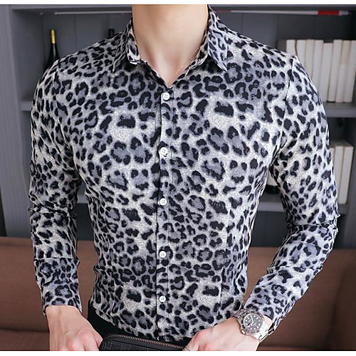 

Men's Shirt Leopard Long Sleeve Tops White Brown