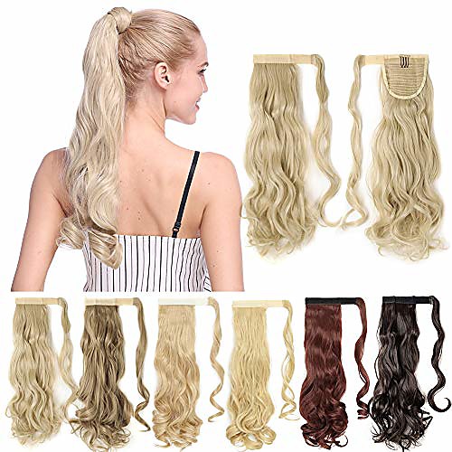 

one piece ponytail hair extensions clip in wrap around on pony tail long real natural synthetic fibre ponytails hairpiece for women lady girl curly 24 inch dark black