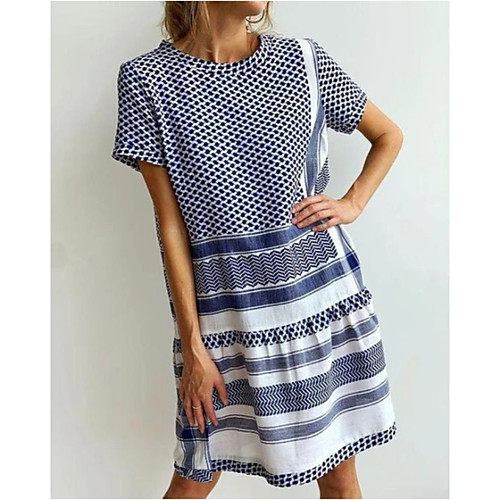 

Women's Shift Dress Knee Length Dress Blue Short Sleeve Print Print Summer Round Neck Hot Casual 2021 S M L XL XXL 3XL