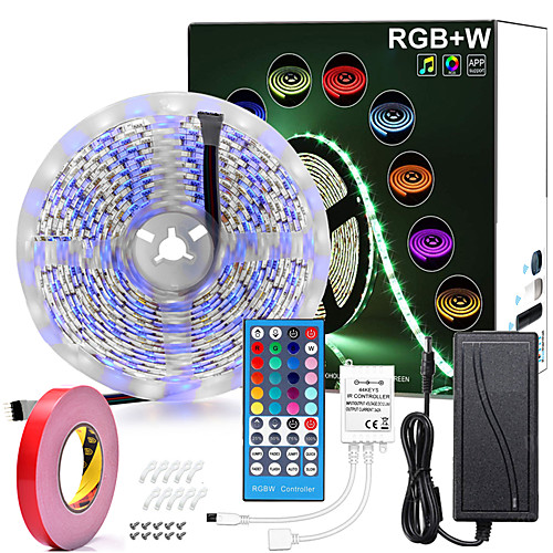 

5M RGBWW LED Strip Lights Waterproof 16.4ft 300LEDs SMD 5050 Warm White Plus RGB Light with 40 Key Remote Controller or 12V Power Supply Kit