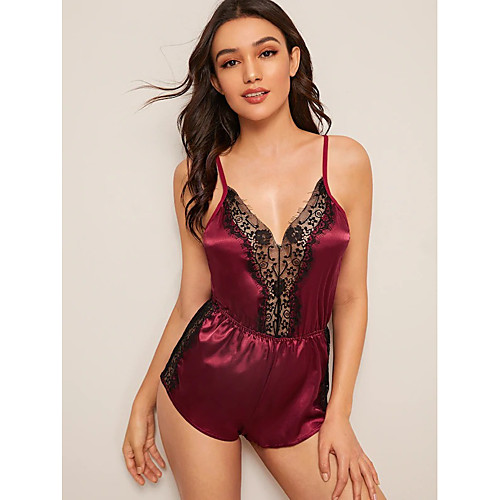 

Women's Cut Out Mesh Lace Bodysuits Nightwear Patchwork Embroidered Wine One-Size / Bow / Strap