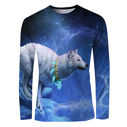 

Men's T shirt 3D Print Graphic Animal Long Sleeve Daily Tops Basic Elegant Blue