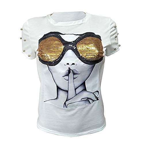 

Women's Tunic Portrait Print Round Neck Tops 100% Cotton Basic Basic Top White Black