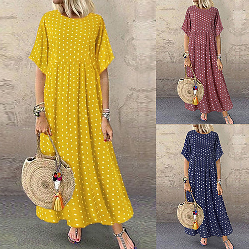 

Women's A-Line Dress Maxi long Dress - Short Sleeve Polka Dot Print Summer Plus Size Casual Holiday Vacation Loose High Waist 2020 Yellow Wine Navy Blue L XL XXL XXXL XXXXL XXXXXL