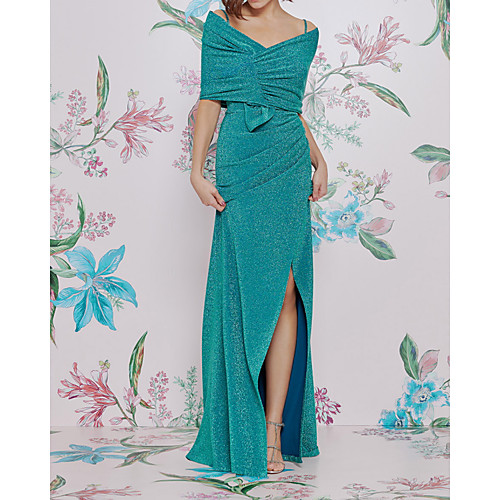 

A-Line Sparkle Sexy Party Wear Formal Evening Dress V Neck Short Sleeve Floor Length Sequined with Ruched Split 2021