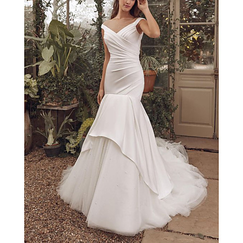 

Mermaid / Trumpet Wedding Dresses V Neck Sweep / Brush Train Satin Tulle Sleeveless Simple with Ruched 2021