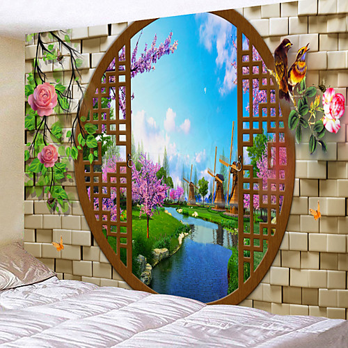

Window Landscape Wall Tapestry Art Decor Blanket Curtain Picnic Tablecloth Hanging Home Bedroom Living Room Dorm Decoration Polyester Chinese Style River Garden Flower Animal