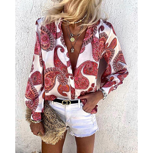 

Women's Blouse Shirt Pattern Graphic Prints Long Sleeve Standing Collar Tops Basic Top Blue Red Khaki