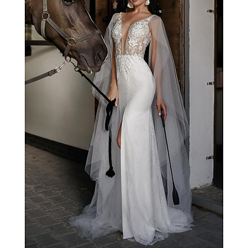 

Mermaid / Trumpet Wedding Dresses Jewel Neck Sweep / Brush Train Lace Tulle Sleeveless Country with Appliques 2021