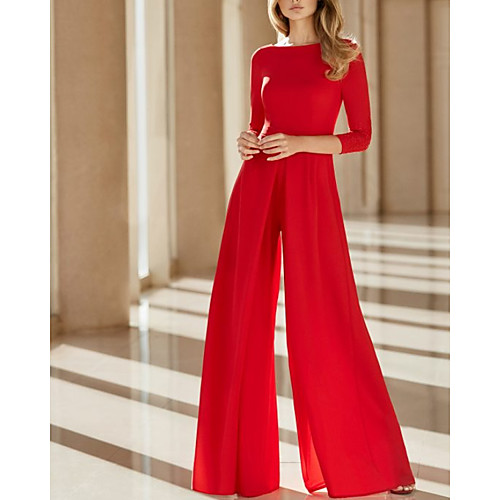 

Jumpsuits Mother of the Bride Dress Elegant Jewel Neck Floor Length Chiffon 3/4 Length Sleeve with Sash / Ribbon 2021