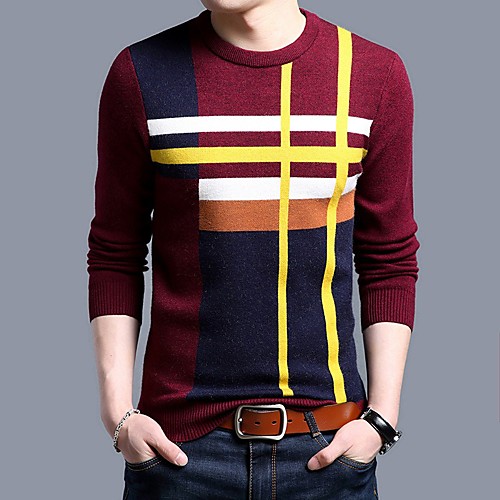 

Men's Color Block Pullover Long Sleeve Sweater Cardigans Crew Neck Wine Camel Navy Blue