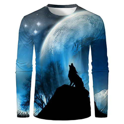 

Men's Graphic T-shirt Print Long Sleeve Daily Tops Basic Round Neck Blue