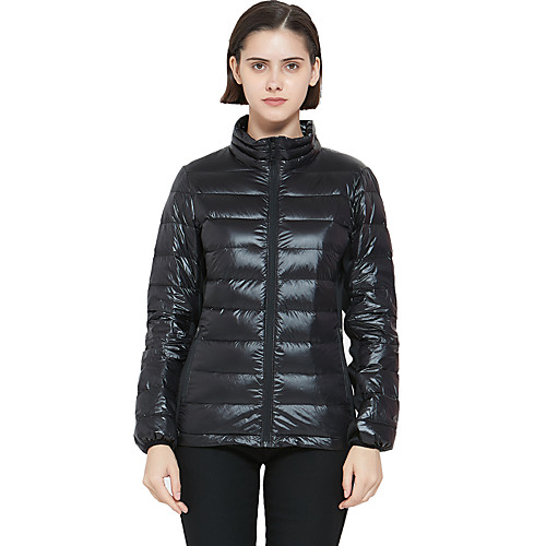 

Women's Lightweight Packable Short Down Jacket Stand Collar Full Zip Long Sleeve Nylon Water Resistant Running Mountaineering Cycling Sportswear Coat Top Black Activewear Micro-elastic