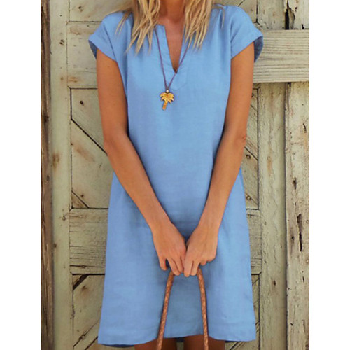 

Women's Sheath Dress Knee Length Dress White Blue Yellow Navy Blue Light Blue Short Sleeve Solid Color Summer V Neck Elegant 2021 M L XL XXL 3XL 4XL