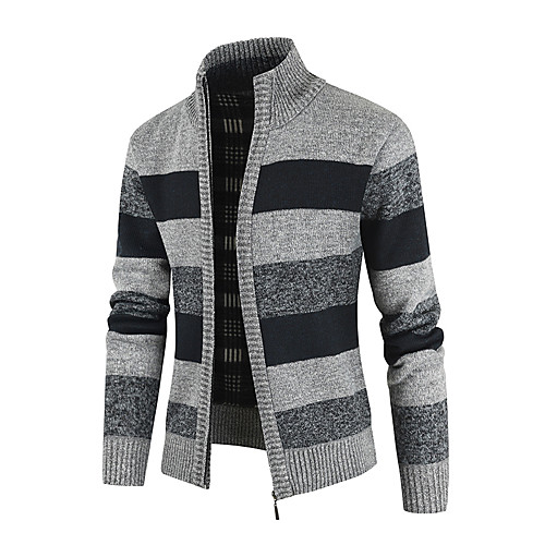 

Men's Color Block Cardigan Long Sleeve Sweater Cardigans Stand Collar Winter Black Blue Light gray