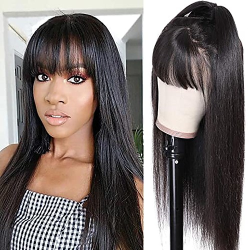 

Remy Human Hair Wig Long Natural Straight With Bangs Natural Black New Arrival Fashion Comfortable Capless Brazilian Hair Women's Natural Black 18 inch