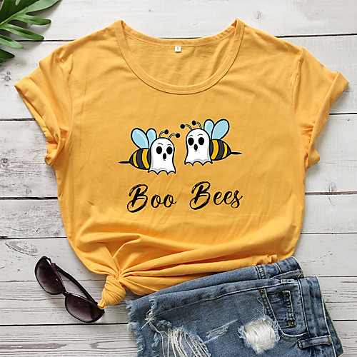 

Women's T-shirt Letter Bee Print Round Neck Tops 100% Cotton Basic Basic Top White Purple Red