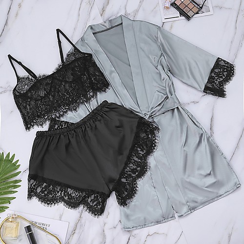 

Women's Lace Mesh Suits Nightwear Patchwork Jacquard Embroidered Gray M L XL