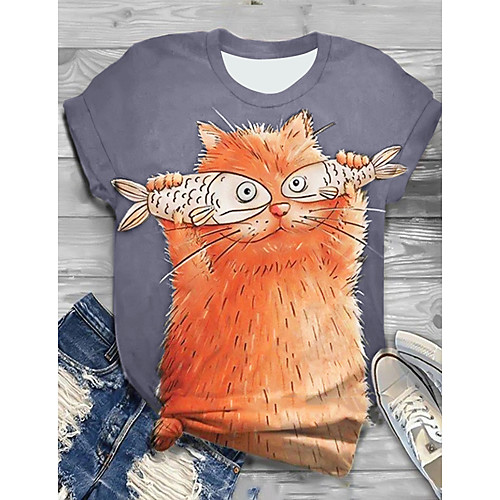 

Women's T shirt Cat Print Round Neck Tops Basic Basic Top Black Blue Gray