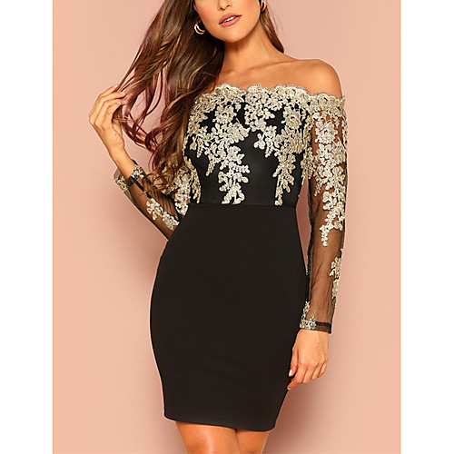 

Women's Bodycon Short Mini Dress Black Wine Long Sleeve Geometric Lace up Glitter Off Shoulder Hot Elegant Sexy S M L XL