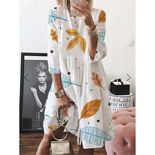 

Women's Swing Dress Knee Length Dress White Purple Yellow Light Blue 3/4 Length Sleeve Print Patchwork Print Summer Round Neck Casual Boho 2021 S M L XL XXL 3XL 4XL