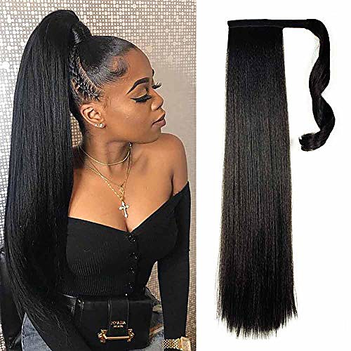 

natural black yaki straight long clip in ponytail hair extensions kanekalon wrap around synthetic fake pony tail hairpieces heat resistant fiber wave ponytail extensions for women 120g 26inch