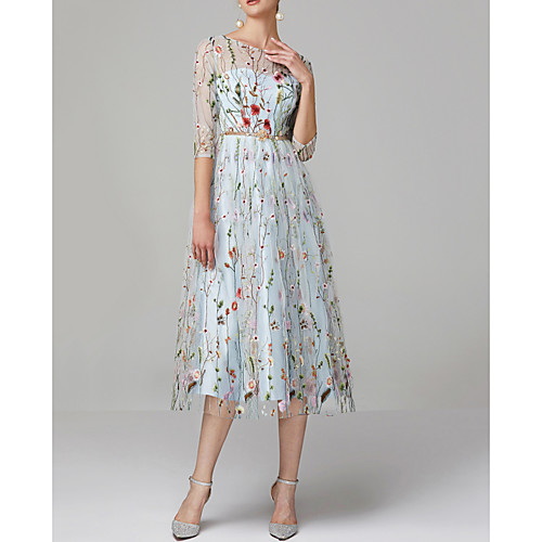 

A-Line Floral Engagement Prom Valentine's Day Dress Jewel Neck Half Sleeve Tea Length Lace Tulle with Embroidery Appliques 2021