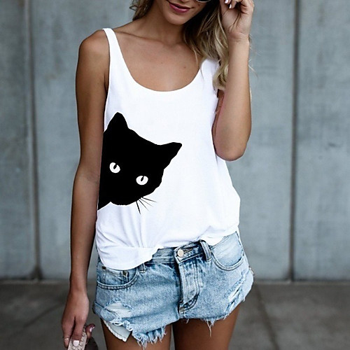 

Women's Tank Top Cat Print Round Neck Tops Basic Basic Top White