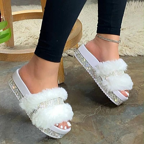 

Women's Slippers & Flip-Flops Fuzzy Slippers Outdoor Slippers Flat Heel Open Toe Casual Daily PU Rhinestone Solid Colored White Black Pink