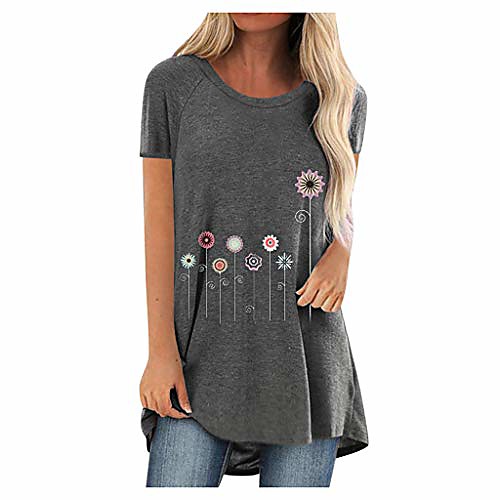

t shirt womens plus size ladies tops print round neck short sleeved long blouse summer gray