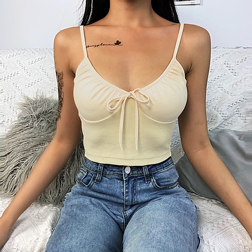 

Women's Beach Camisole Solid Colored Bow Strapless V Neck Tops Cotton Basic Hawaiian Basic Top Yellow