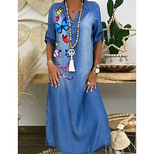 

Women's Shift Dress Maxi long Dress 3/4 Length Sleeve Animal Summer Hot Casual 2021 Blue M L XL XXL 3XL