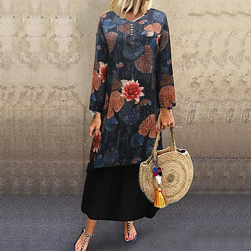 

Women's Shift Dress Maxi long Dress Black Long Sleeve Floral Button Print Fall Spring V Neck Elegant 2021 L XL XXL 3XL 4XL 5XL