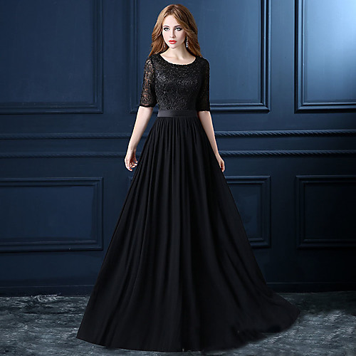 

A-Line Cut Out Elegant Wedding Guest Formal Evening Dress Jewel Neck Half Sleeve Floor Length Lace with Sash / Ribbon Embroidery 2021