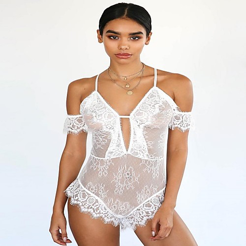 

Women's Mesh Lace Bodysuits Nightwear Jacquard Embroidered White S M L / Strap