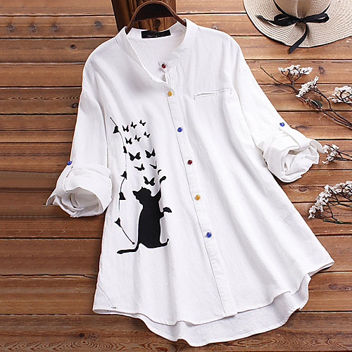 

Women's Blouse Shirt Animal Long Sleeve Button Round Neck Tops Loose Basic Basic Top White Brown