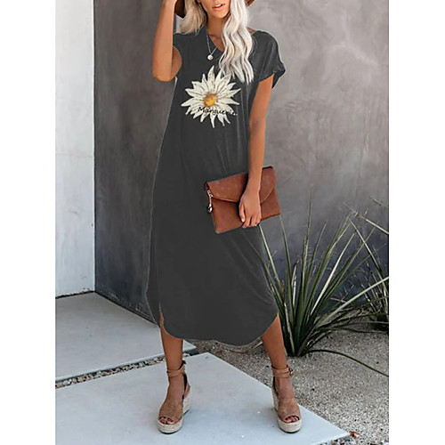 

Women's Shift Dress Midi Dress Black Brown Short Sleeve Solid Color Print Summer Round Neck Hot Casual 2021 S M L XL XXL 3XL