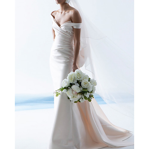 

Sheath / Column Wedding Dresses Off Shoulder Court Train Satin Sleeveless Simple with Ruched 2021