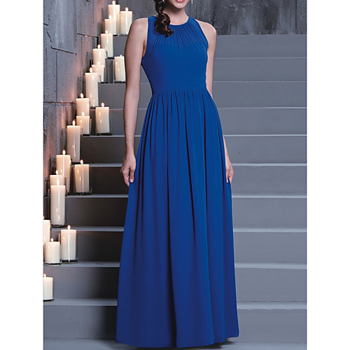 

A-Line Jewel Neck Floor Length Chiffon Bridesmaid Dress with Pleats