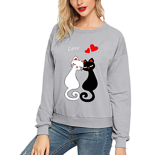 

Women's T shirt Cat Long Sleeve Round Neck Tops Basic Top White Black Yellow