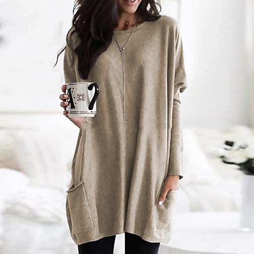 

Women's Plus Size T shirt Dress Tunic Blouse Solid Colored Long Sleeve Round Neck Tops Basic Basic Top White Black Blue