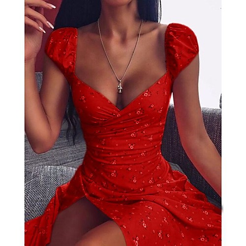 

Women's Sheath Dress Knee Length Dress Red Blushing Pink Orange Short Sleeve Print Print Summer Square Neck Hot Sexy 2021 S M L XL XXL 3XL 4XL 5XL
