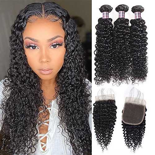 

4 Bundles Hair Weaves Brazilian Hair Kinky Curly Human Hair Extensions Human Hair Hair Weft with Closure 8-28 inch Natural Women Natural Youth