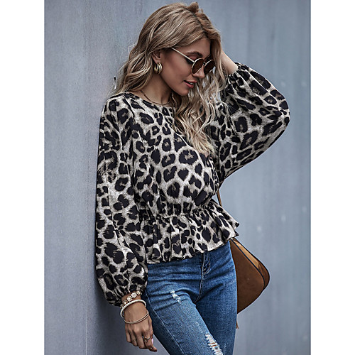 

Women's Blouse Shirt Leopard Cheetah Print Long Sleeve Print Round Neck Tops Lantern Sleeve Slim Basic Basic Top Light Brown Beige