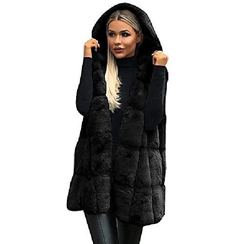 

women casual faux fur vest coat soft cozy sleeveless cardigan down black