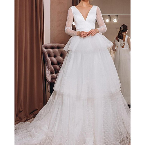 

A-Line Wedding Dresses V Neck Court Train Tulle Long Sleeve Country Simple with Bow(s) Cascading Ruffles 2021