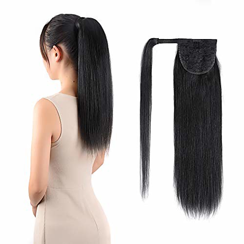 

ponytail extensions real human hair clip in 16 inches 65g jet black color straight drawstring warp around ponytail hair piece remy human hair for women