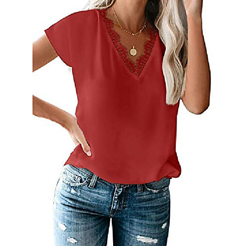

Women's Blouse Shirt Solid Color Lace V Neck Tops Basic Top White Black Red