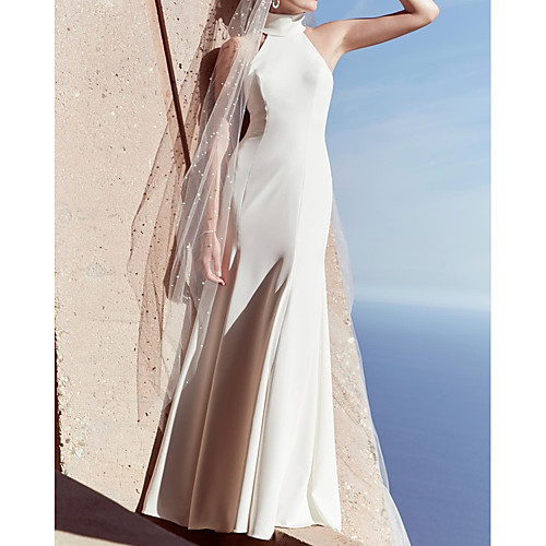 

Sheath / Column Wedding Dresses High Neck Sweep / Brush Train Jersey Sleeveless Simple with 2021