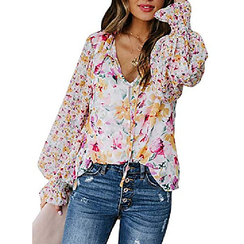 

womens casual floral print v neck button down bell sleeves stylish tops loose blouse shirts pullover& #40;s-2xl& #41;